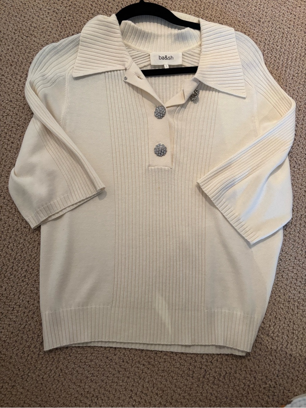 ba&sh Cream Ribbed Polo Sweater with Rhinestone Buttons - Picture 5 of 9